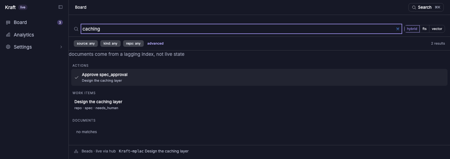 The search overlay: a query for "caching" surfacing a pending gate action, the matching work item, and a source-repo attribution