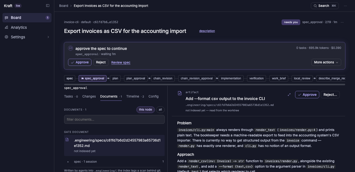 A spec an agent wrote, waiting for your approval in the item's detail view