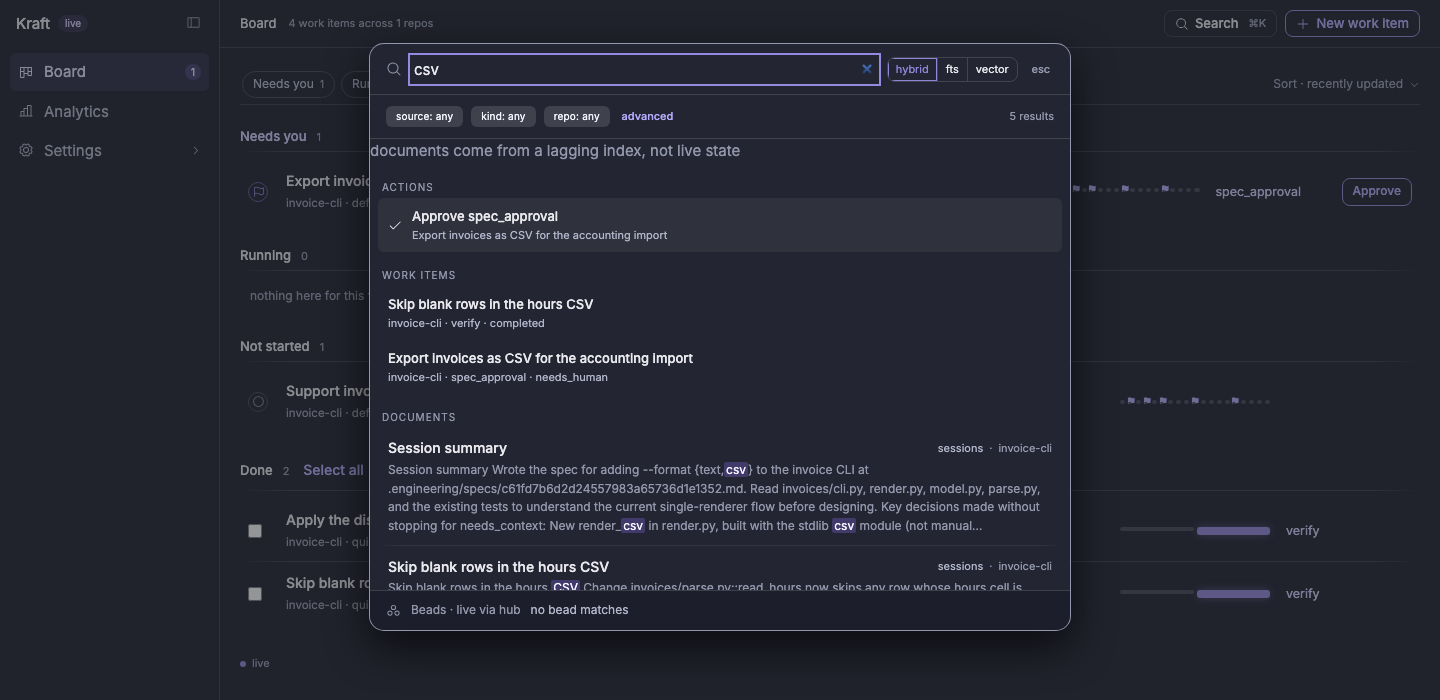 The search overlay: a query for "CSV" surfacing a pending approval, the matching work items, and agent session summaries